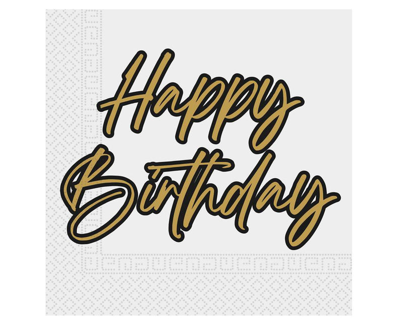 Serviettes de table Happy Birthday Or Noir 2 couches 33cm 20pcs