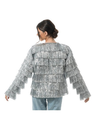 Veste argentée à paillettes et franges pour femme