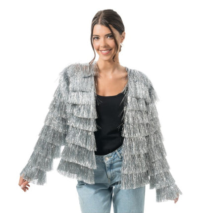 Veste argentée à paillettes et franges pour femme