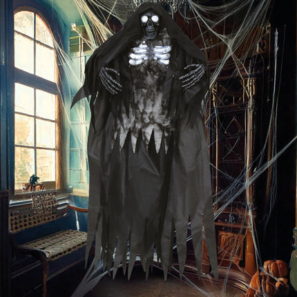 Skelet Hangdecoratie Zwart Met Licht En Geluid 1,6m van Fiestas Guirca koop je bij Partywinkel