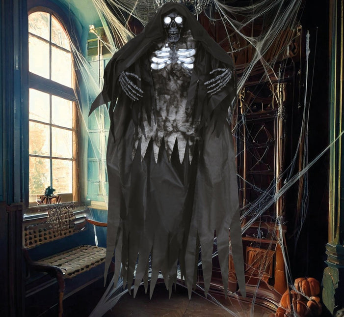 Skelet Hangdecoratie Zwart Met Licht En Geluid 1,6m van Fiestas Guirca koop je bij Partywinkel