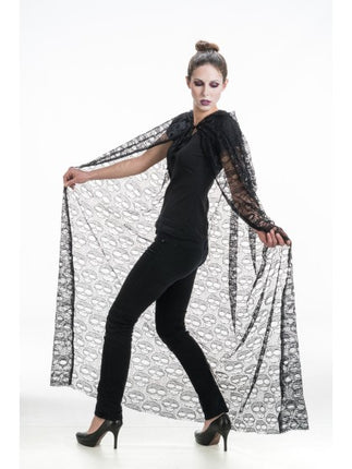 Cape « Crâne » avec capuche, noire, 145 cm