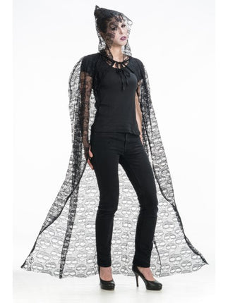 Cape « Crâne » avec capuche, noire, 145 cm