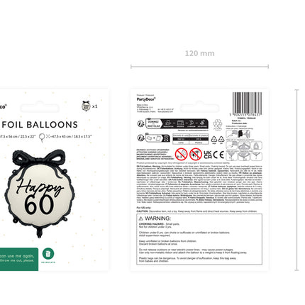 Ballon à hélium 60 ans Noir Blanc 53cm
