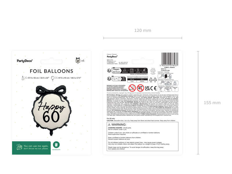 Ballon à hélium 60 ans Noir Blanc 53cm