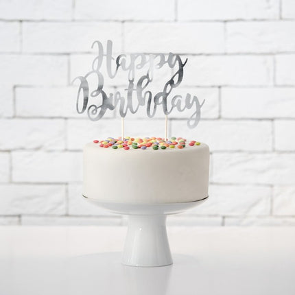 Taarttopper Happy Birthday Zilver 22,5cm van Partydeco koop je bij Partywinkel