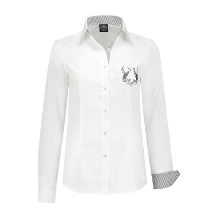 Chemisier femme blanc, karo gris, broderie de cerf sur la poitrine