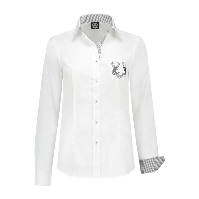 Chemisier femme blanc, karo gris, broderie de cerf sur la poitrine
