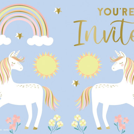 Unicorn Uitnodigingen Blauw/Goud 8st van Unique koop je bij Partywinkel
