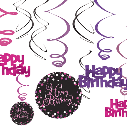 Verjaardag Hangdecoratie Happy Birthday Roze 61cm 12st van Riethmueller koop je bij Partywinkel