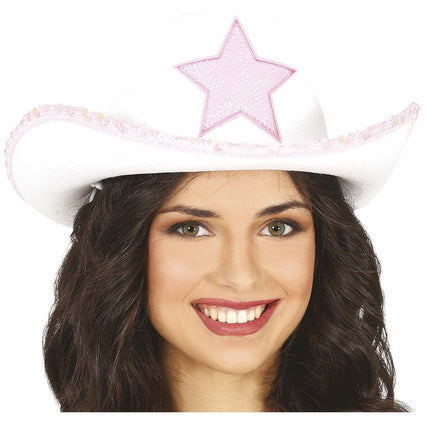 Witte Cowboy Hoed Met Stet van Fiestas Guirca koop je bij Partywinkel