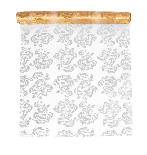 Witte Organza Stof Gouden en Zilveren Koningsbloem print 36cm 9m van Partydeco koop je bij Partywinkel