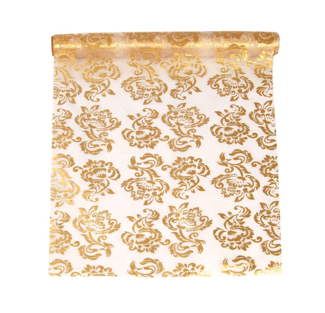 Witte Organza Stof Gouden en Zilveren Koningsbloem print 36cm 9m van Partydeco koop je bij Partywinkel