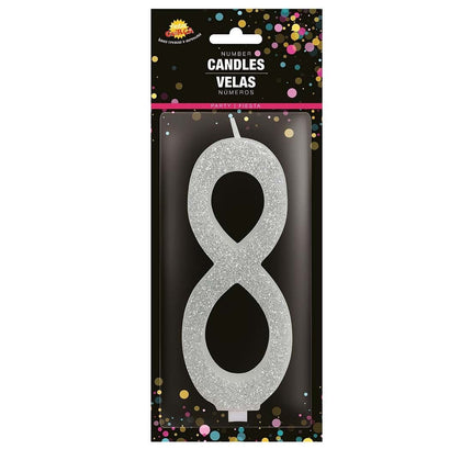 Zilveren Kaars 8 Jaar Glitter 12,5cm van Fiestas Guirca koop je bij Partywinkel