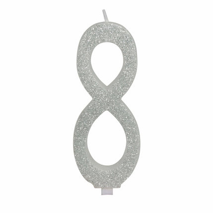 Zilveren Kaars 8 Jaar Glitter 12,5cm van Fiestas Guirca koop je bij Partywinkel