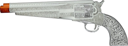 Zilveren Nep Pistool Lang 30cm van Fiestas Guirca koop je bij Partywinkel