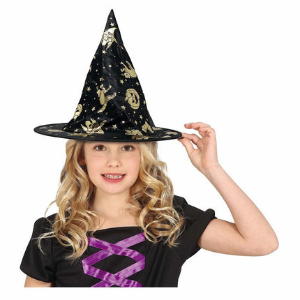 Zwart Gouden Heksenhoed Kind van Fiestas Guirca koop je bij Partywinkel
