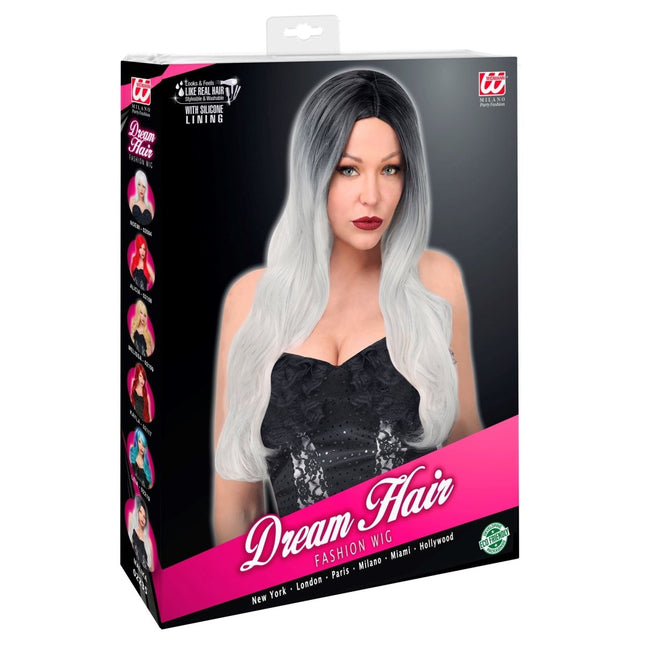 Zwart Witte Pruik Lang Haar van Widmann koop je bij Partywinkel