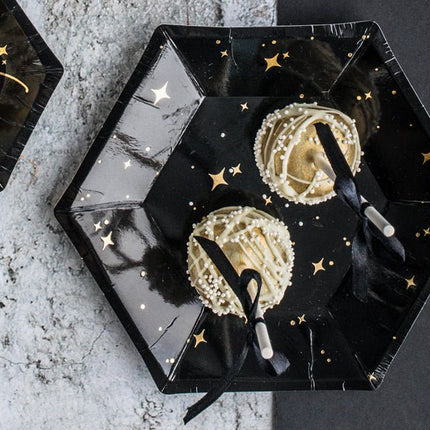 Zwarte Borden Gouden Sterren 20cm 6st van Partydeco koop je bij Partywinkel