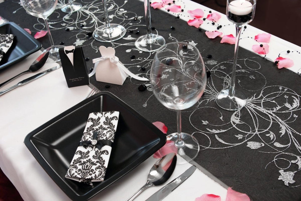 Zwarte Organza Stof Zilveren Bloemen 36cm 9m van Partydeco koop je bij Partywinkel