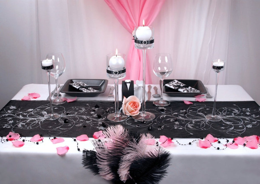 Zwarte Organza Stof Zilveren Bloemen 36cm 9m van Partydeco koop je bij Partywinkel